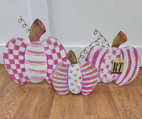 Pink Patterned Pumpkins- Metal Stake - Set of 3