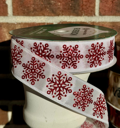 White Satin w/ Red Glitter Snowflakes Wired Ribbon - 1.5” x 50yds