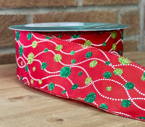 Red Satin w/ Green Glitter Dots Wired Ribbon - 2.5 x 50yds