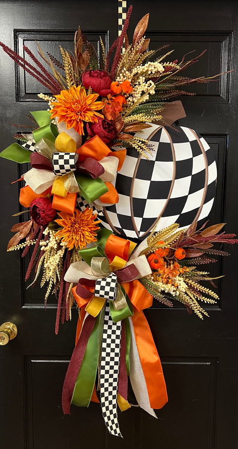 Checkered Pumpkin Oval Fall Wreath