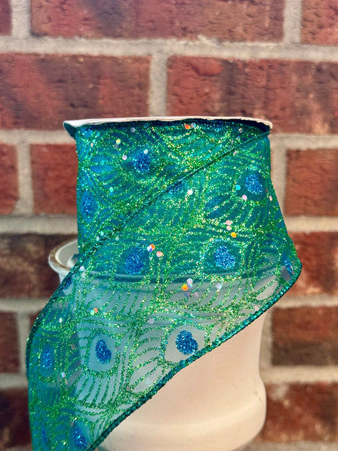 Glitter Sheer Peacock Wired Ribbon - 2.5" x 10yds