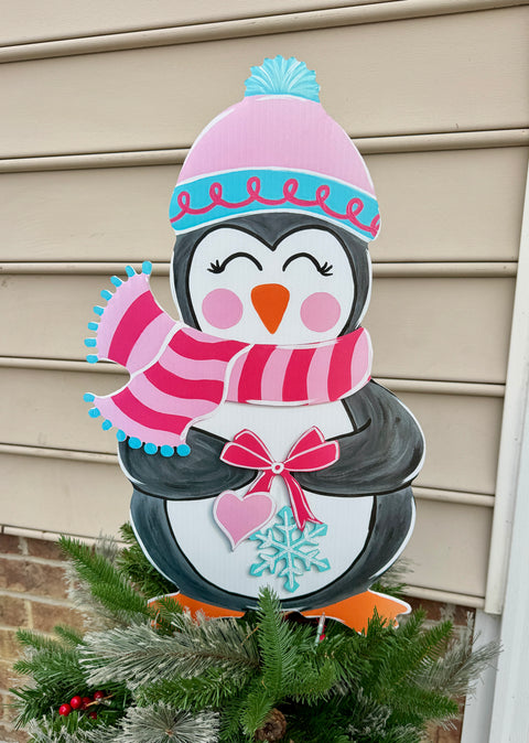 Winter Sweetheart Penguin  - (Girl Version) Corrugated Coroplast Yard Stake