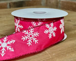 Pink Satin w/ White Glitter Snowflakes Wired Ribbon - 1.5" x 10yds