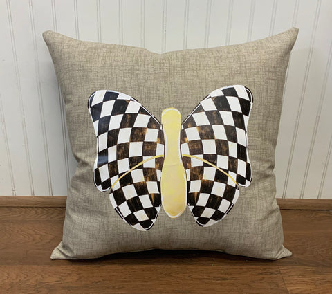 Custom Pillow - Checkered Elegant Butterfly on Beechwood Tan Outdoor Fabic