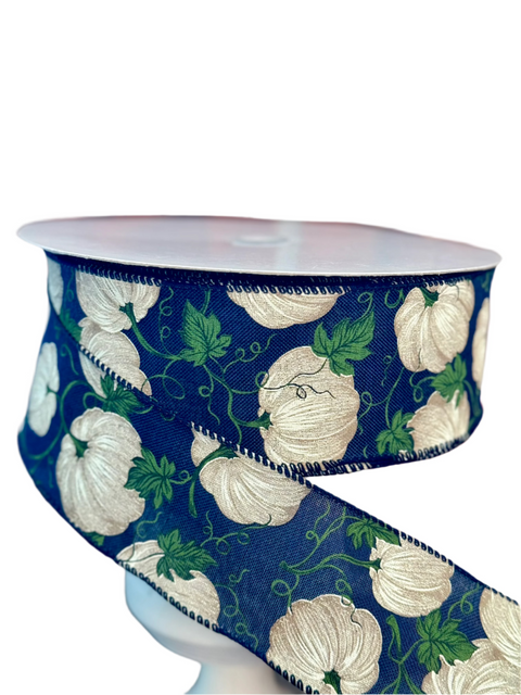 Navy Burlap w/ Cream Pumpkins Wired Ribbon - 2.5" x 50yds
