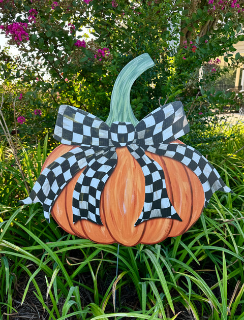 Fancy Bow - CHECKERED - Pumpkin -  Corrugated Coroplast Yard Stake