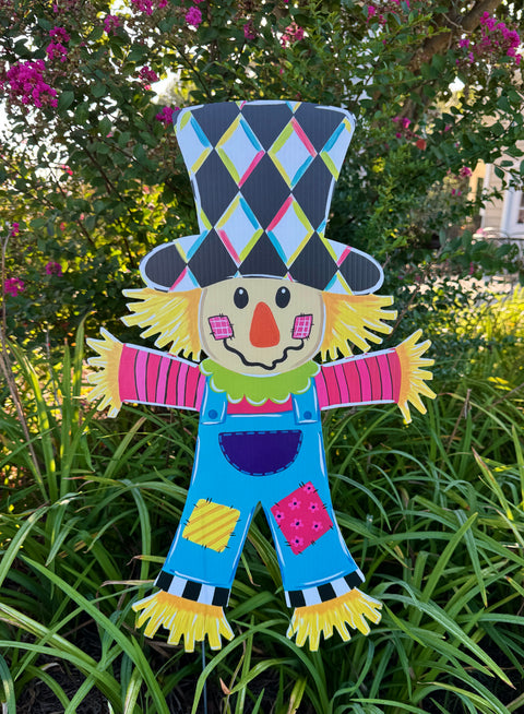 Bright Patchwork Scarecrow -  Corrugated Coroplast Yard Stake