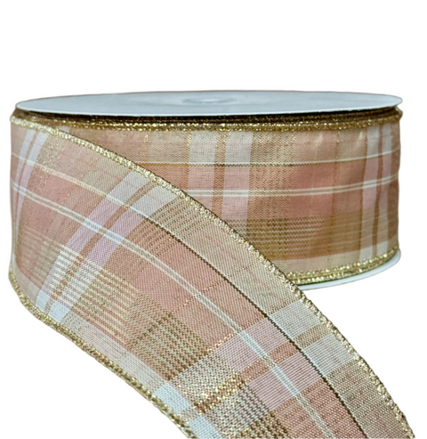 Rose Gold, Cream & Gold Plaid Wired Ribbon - 2.5" x 50yds