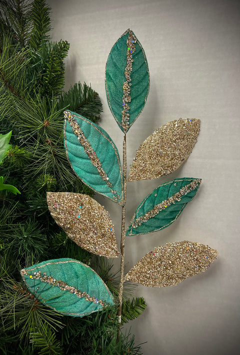 27” Fantasy Sequined Velvet Leaf Spray- Deep Aqua