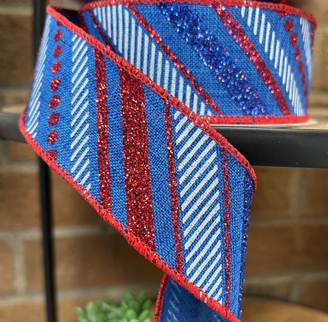 Diagonal Stripe Patriotic Wired Ribbon - 1.5" x 10yds