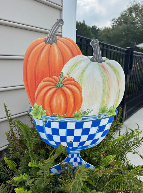 Blue Check Bowl of Pumpkins -  Corrugated Coroplast Yard Stake