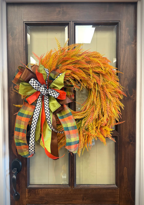 22" Bead Grass Wreath Deluxe - UV Protected - Mixed Orange WITH Bow