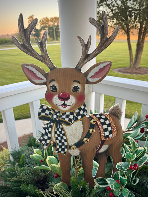 Elegant Checkered Christmas Reindeer - Christmas Corrugated Coroplast Yard Stake