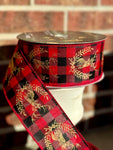 Red & Black Plaid w/ Gold Deer Wired Ribbon - 2.5” x 50yds