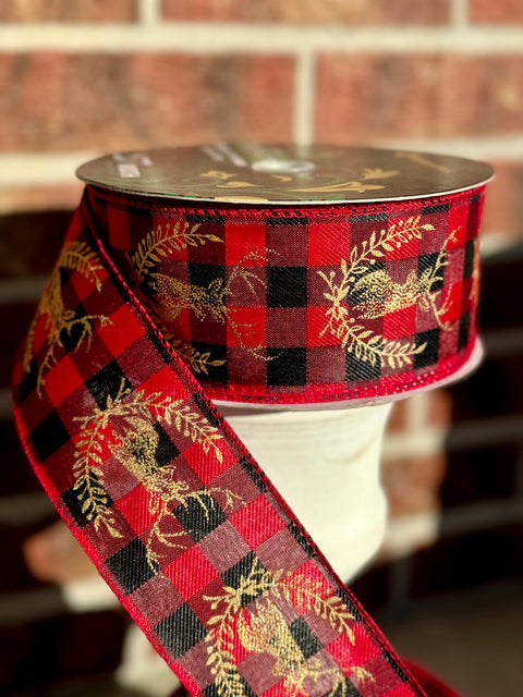 Red & Black Plaid w/ Gold Deer Wired Ribbon - 2.5” x 50yds