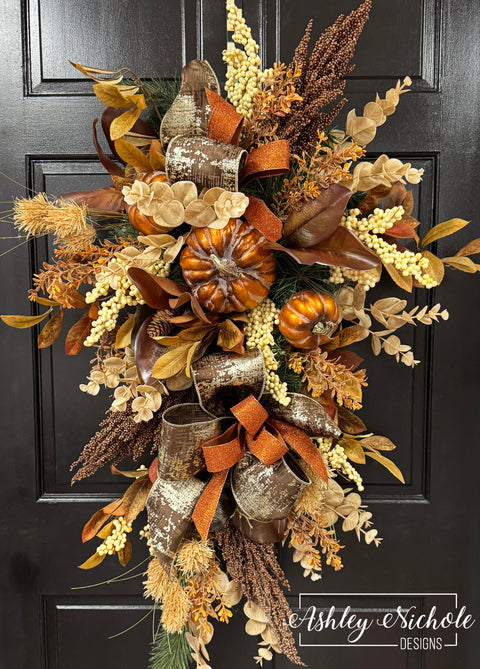 Glitzy Copper Pumpkin Fall Swag
