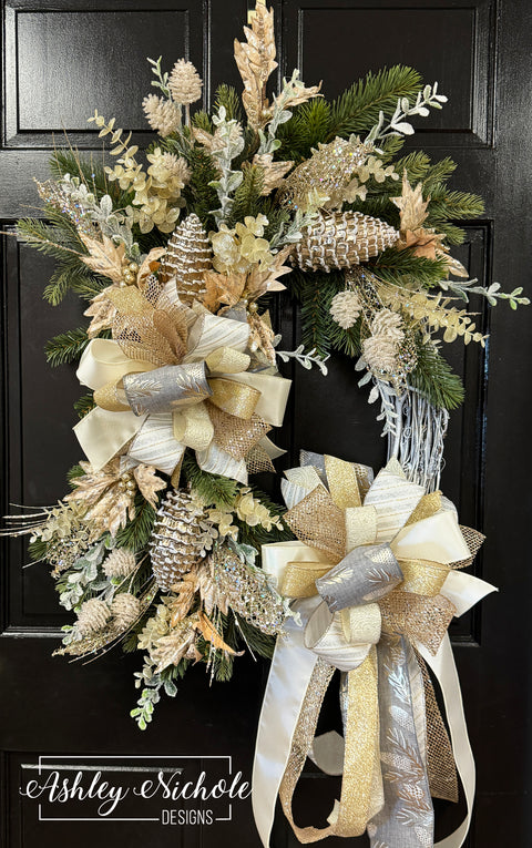 Golden Pinecones in the Snow Wreath