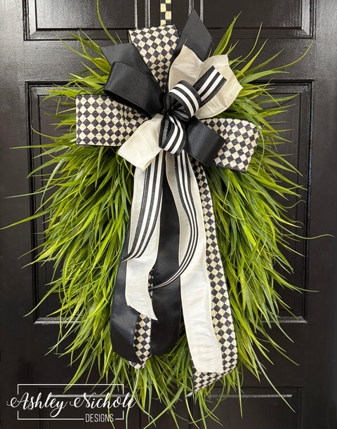Grass Wreath - Black & White Neutral Bow - 24" Oval