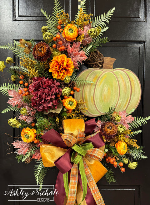 Green Pumpkin Fall Wreath - Cool Tones
