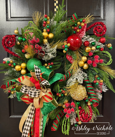 Green, Red & Gold Glitzy Round Christmas Wreath