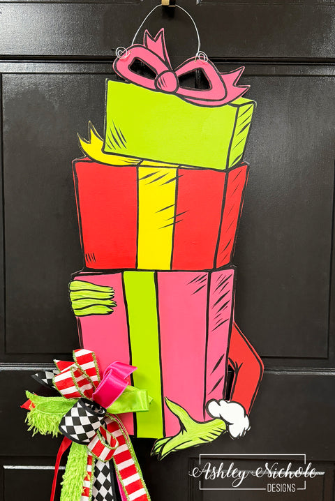 READY TO SHIP - Grinch Inspired - Christmas Present Stack Door Hanger