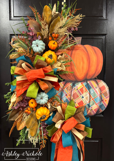 Harvest Plaid Pumpkin Stack Wreath (OVERSIZED)