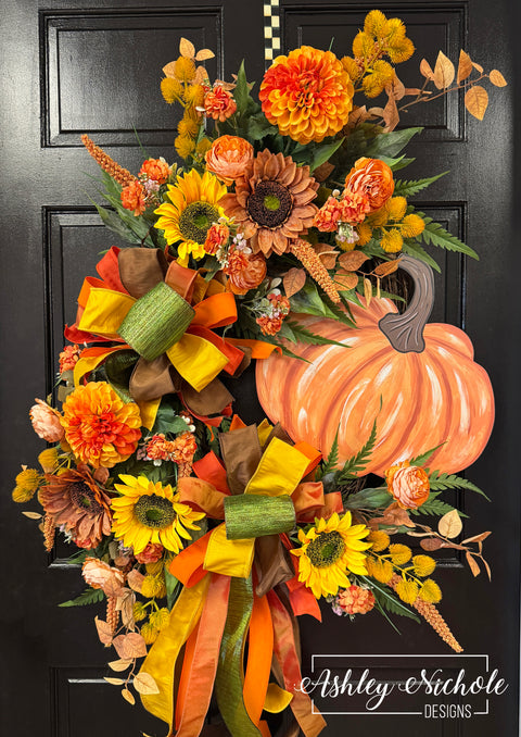 Heirloom ORANGE Pumpkin & Sunflowers Wreath (OVERSIZED)