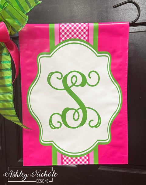Hot Pink & Lime INITIAL - Vinyl Garden Flag