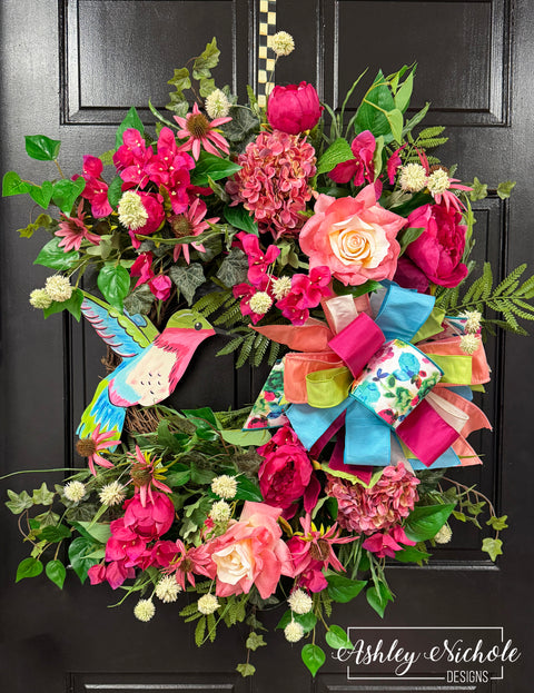 Hummingbird in a Garden of Florals Wreath