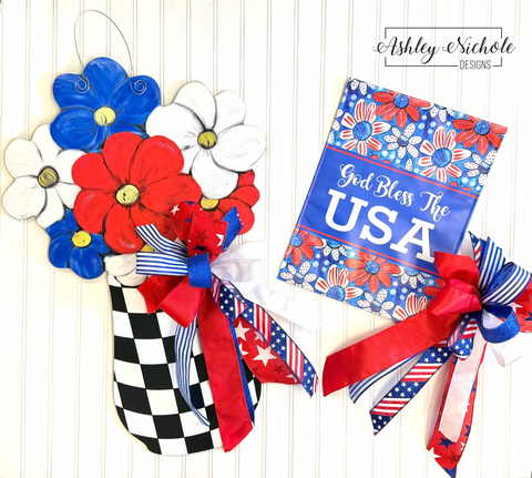 GIFT BOX Combo!! All-American Blooms - Patriotic Door Hanger, Vinyl Garden Flag and Small Bow