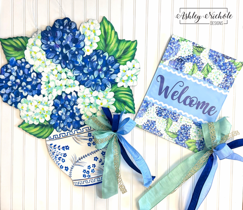 GIFT BOX Combo!! Ginger Jar with Hydrangeas - Door Hanger, Vinyl Garden Flag and Small Bow