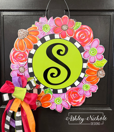 Blooming Initial Wreath - Door Hanger (UV PRINTED)