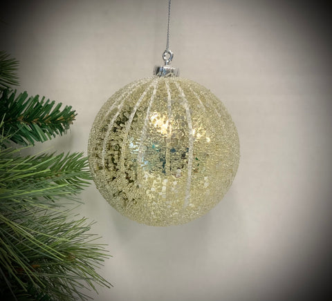 4" ICED STRIPE METALLIC BALL ORNAMENT-Champagne