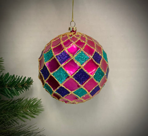 100MM-Multi Colored Glittered Ornament - Fuchsia/Teal/Purple/Gold