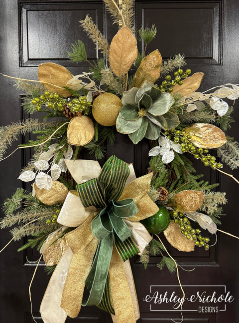 Emerald & Gold Magnolia Christmas Wreath