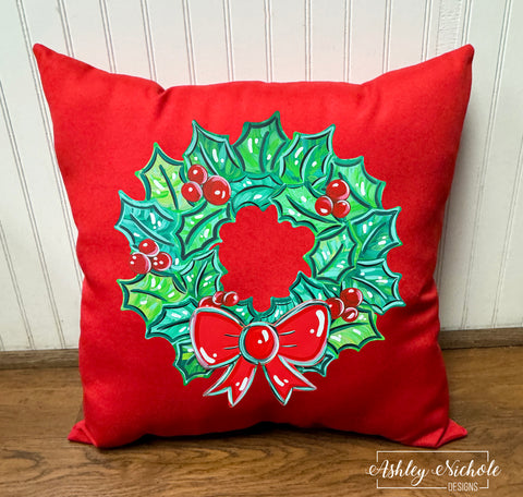 Custom Pillow - Christmas Holly Wreath - on Red Outdoor Fabric