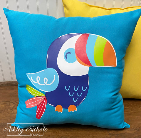 Custom - Bright Tropical Toucan Pillow on Turquoise Outdoor Fabric