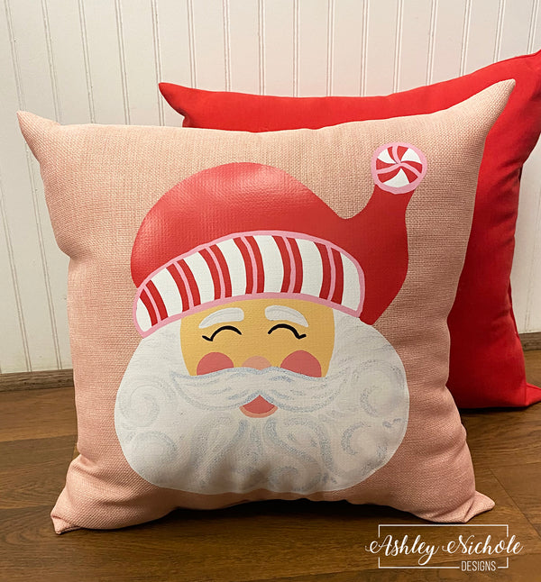 Custom Pillow Santa Pink Red Candy Christmas on Blush Pink Outdoor Fabric