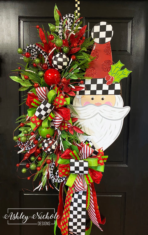 Santa Checkered with Red Glitter Christmas Wreath (Oversized)