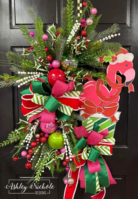Merry & Bright Christmas Flamingo Wreath