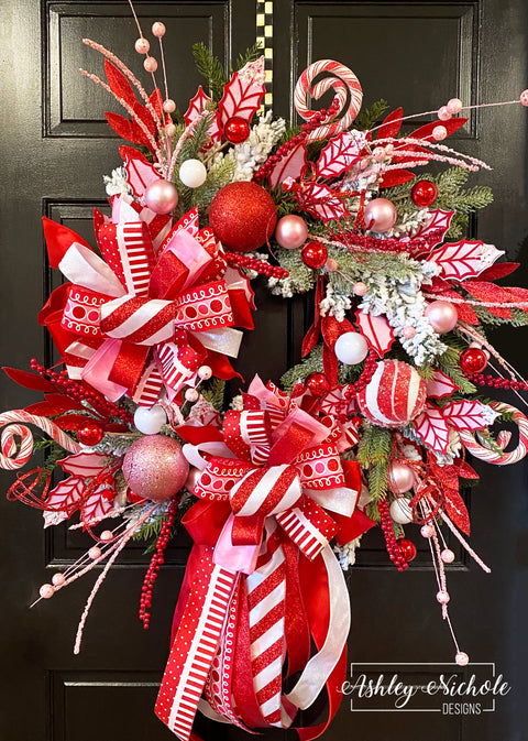 Candy Cane - Pink & Red Christmas Round Wreath
