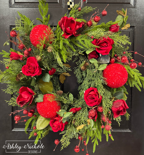 **Evergreen Holiday Romance Wreath**