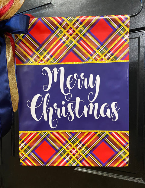 Merry Christmas - Plaid (NAVY, Red, Green & Gold) - Vinyl Garden Flag