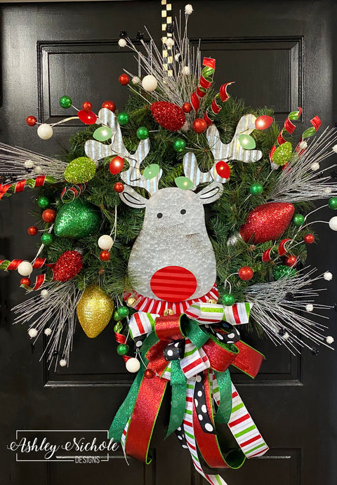 Light-up Metal Reindeer Evergreen Wreath