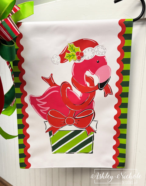 Merry & Bright Christmas Flamingo - Vinyl Garden Flag