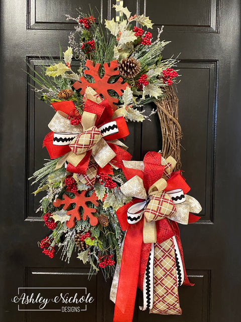 Rustic Red Winter Snowflakes Wreath