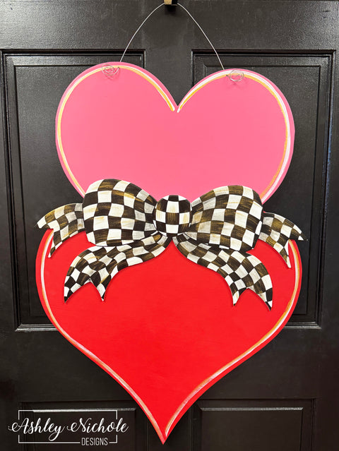 Fancy Bow - CHECKERED - Heart Stack Valentine Door Hanger (UV PRINTED Only)