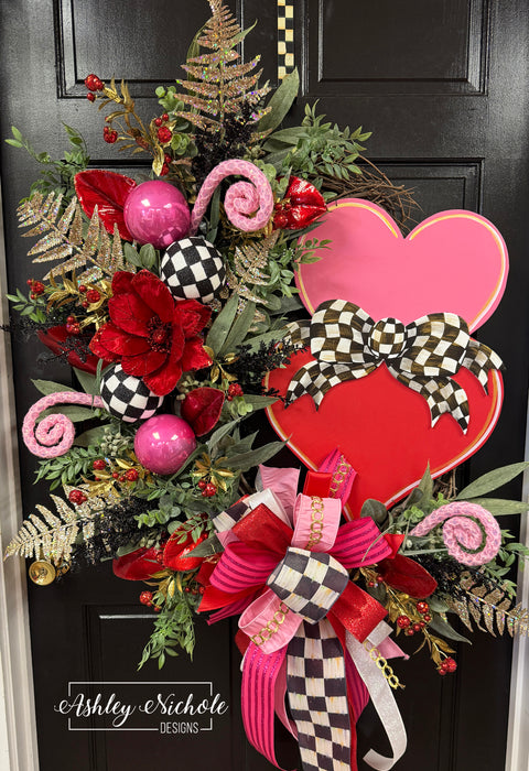 Fancy Bow - CHECKERED - Heart Stack Valentine Wreath (Oversized)