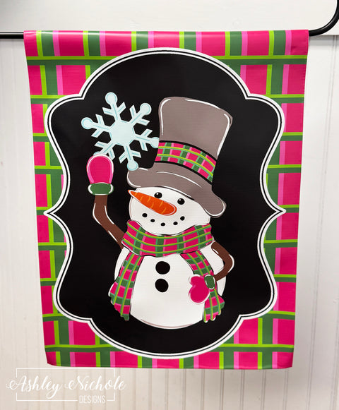 Snowflakes & Plaid Snowman - Vinyl Garden Flag