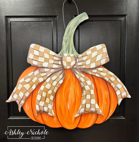 Fancy Bow - TAN & WHITE - CHECKERED - Pumpkin Door Hanger (UV Printed)